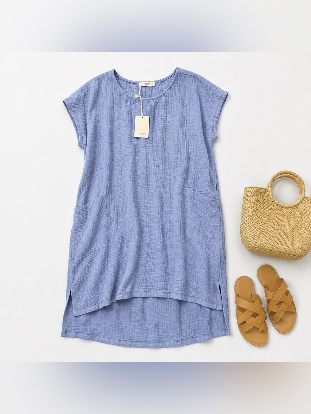 Filosofia Blue Cotton Gauze High Low Pocket Dress Small NWT